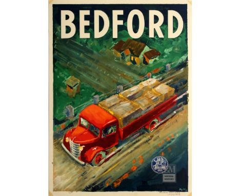 Original vintage advertising poster for the British truck manufacturer Bedford featuring an aerial view of a loaded red Bedfo