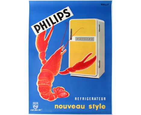 Original vintage French advertising poster for new fridges manufactured by Philips: Refrigerateur Nouveau Style - Philips c'e