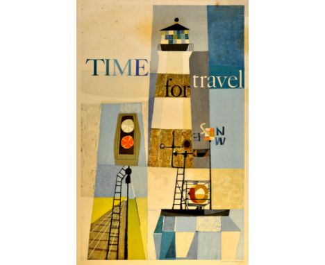 Original vintage advertising poster printed by Time Inc. - Time for Travel - featuring a mid-century modern image of a lighth