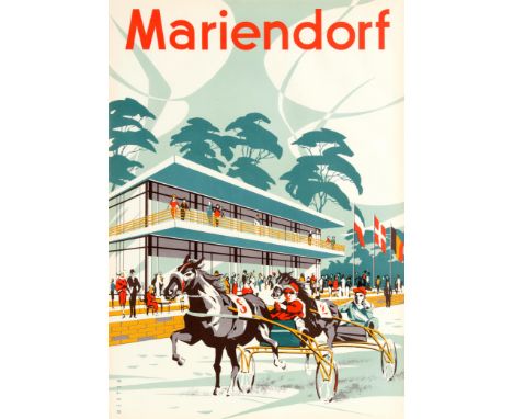 Original vintage travel poster for Mariendorf featuring dynamic illustration of a harness racing sport event at the Trabrennb