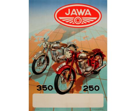 Original vintage advertising poster for Jawa - the Czech manufacturer of motorbikes (since 1929). Great image showing two Jaw