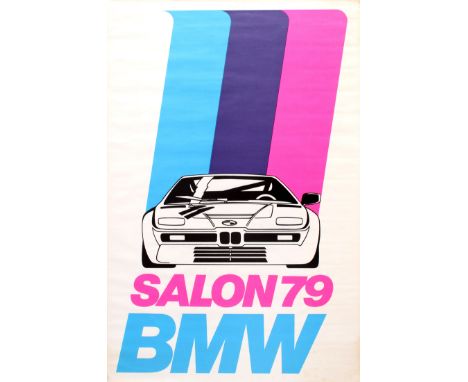 Original vintage motor car advertising poster for BMW Salon 79 featuring a stylised image of the BMW M1 sports car produced f