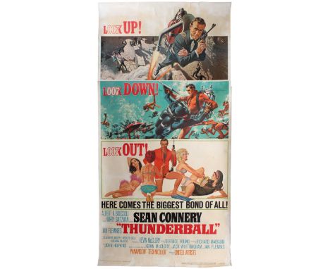 Original vintage three sheet movie poster for the James Bond adventure thriller film Thunderball, directed by Terence Young a