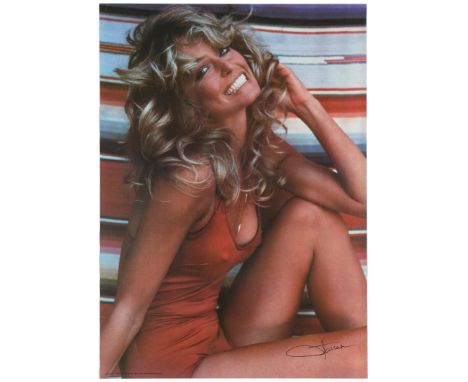 Original vintage advertising poster featuring the iconic photograph of American actress Farah Fawcett in her famous one-piece