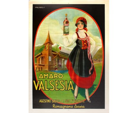 Original vintage advertising poster for Amaro Valsesia, an Italian bitter aperitive alcohol drink produced in the Romagnano S