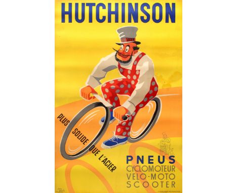 Original vintage advertising poster for the French tyre maker Hutchinson (founded 1853; manufacturing tyres for motorcycles, 