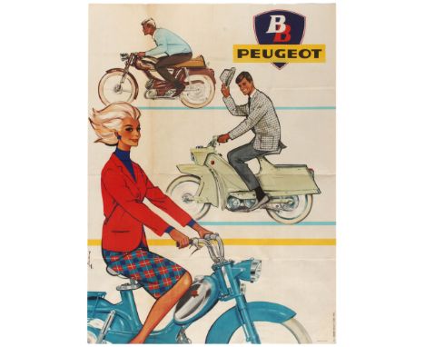 Original vintage advertising poster published by the French motorbike and scooter moped manufacturer Peugeot to advertise its