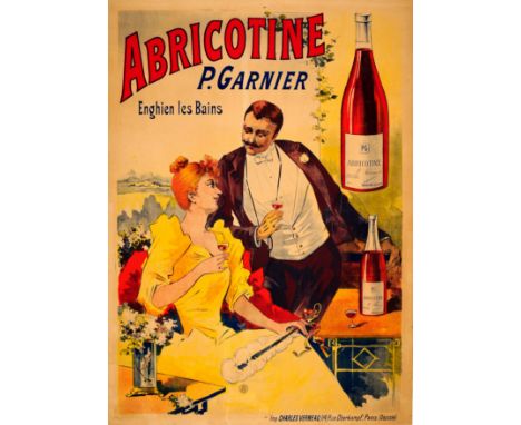 Large original antique alcohol drink advertising poster for Abricotine (an apricot flavoured brandy liqueur produced by the H