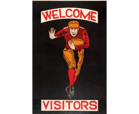 Original vintage American Football poster - Welcome Visitors - printed on cloth and featuring a rugby player in red and orang