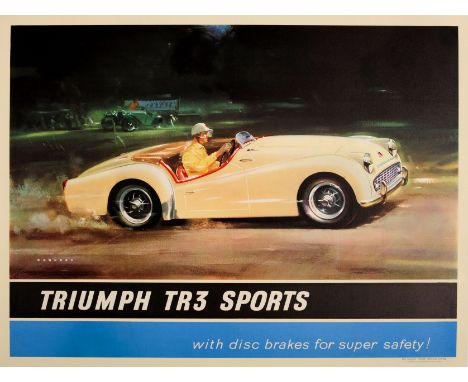 Original vintage advertising sports car poster - Triumph TR3 Sports with disc brakes for super safety! - the British sports c