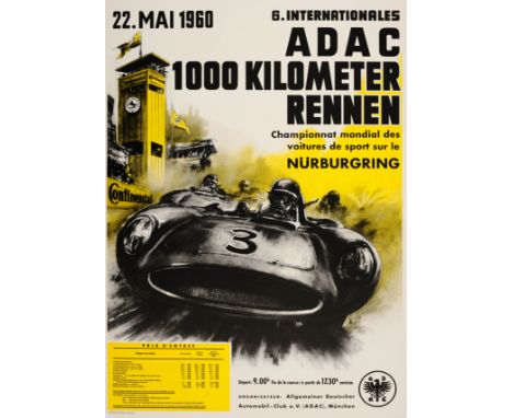 Original vintage German Auto Motorcycle event advertising poster for the 6th International ADAC 1000 Kilometre Race sport car