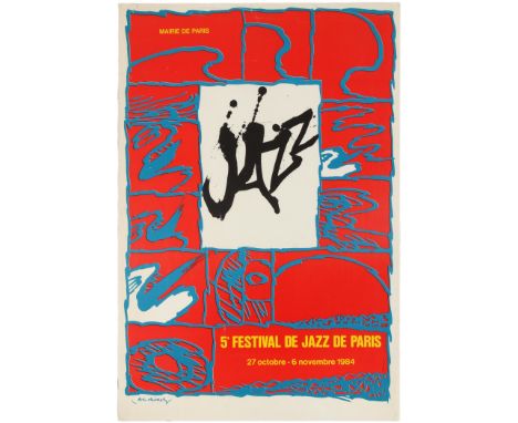 Original vintage music advertising poster for the 5th Paris Jazz Festival featuring a colourful painting by Belgian artist Pi