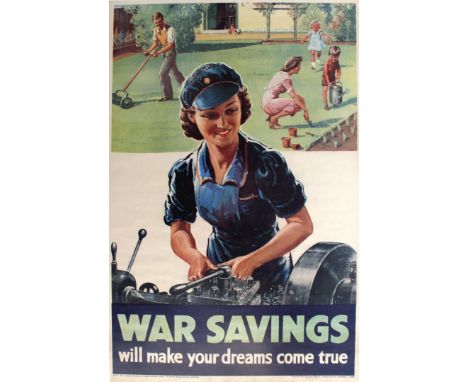 Original vintage World War Two Home Front poster - War Savings Will Make Your Dreams Come True - featuring a smiling lady wea