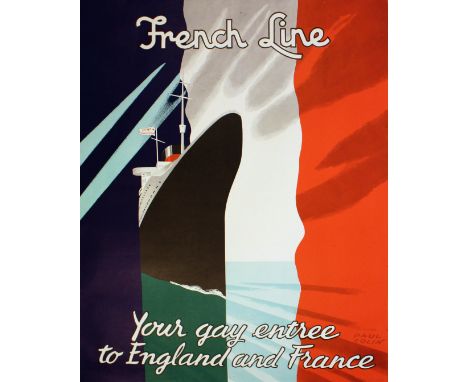 Original vintage poster in Art Deco style featuring a cruise ship sailing at sea with the French flag as the background. Fren