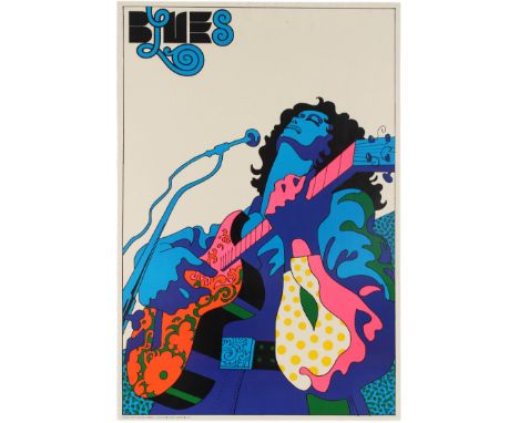 Original vintage Danish music advertising poster entitled Blues featuring a great psychedelic artwork by Ib K. Olsen depictin