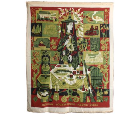 Original vintage printed wall printed tapestry entitled Region Touristique Rhone-Loire (a region located in southeastern Fran