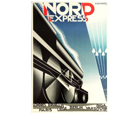 Poster for Nord Express. Dynamic Art Deco design by the notable poster artist A.M. Cassandre (1901-1968), featuring a steam t