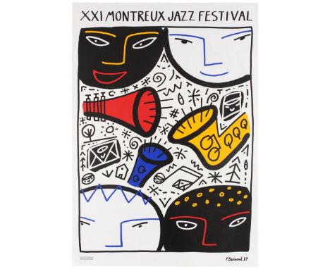 Original vintage advertising poster for the XXI Montreux Jazz Festival featuring a colourful artwork by French artist Francoi