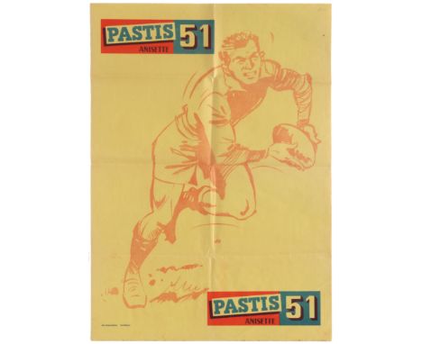 Original vintage sport poster showing a drawing depicting a rugby player. The poster also features two logos for the alcoholi