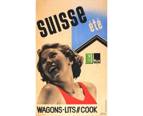 Original vintage travel advertising poster in French: Suisse Ete Wagons-Lits // Cook promoting summer in Switzerland. Great d
