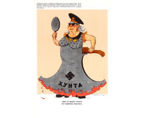 Original vintage Soviet propaganda poster featuring an illustration of a person in a military style dress that resembles a Na