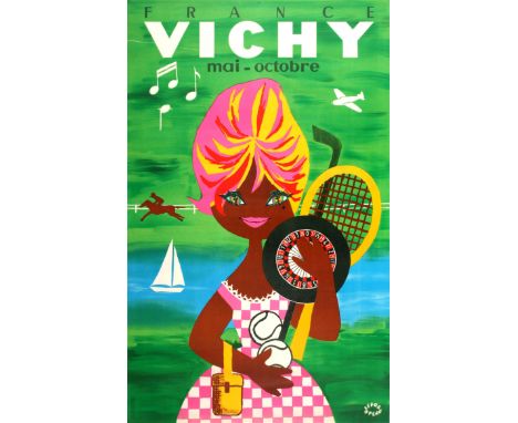 Original vintage travel advertising poster for France Vichy promoting the various sports and activities on offer during the s