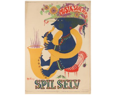 Original vintage music advertising poster for the 1953 Spil Selv Music Festival held in Denmark, with a great Mid-Century des