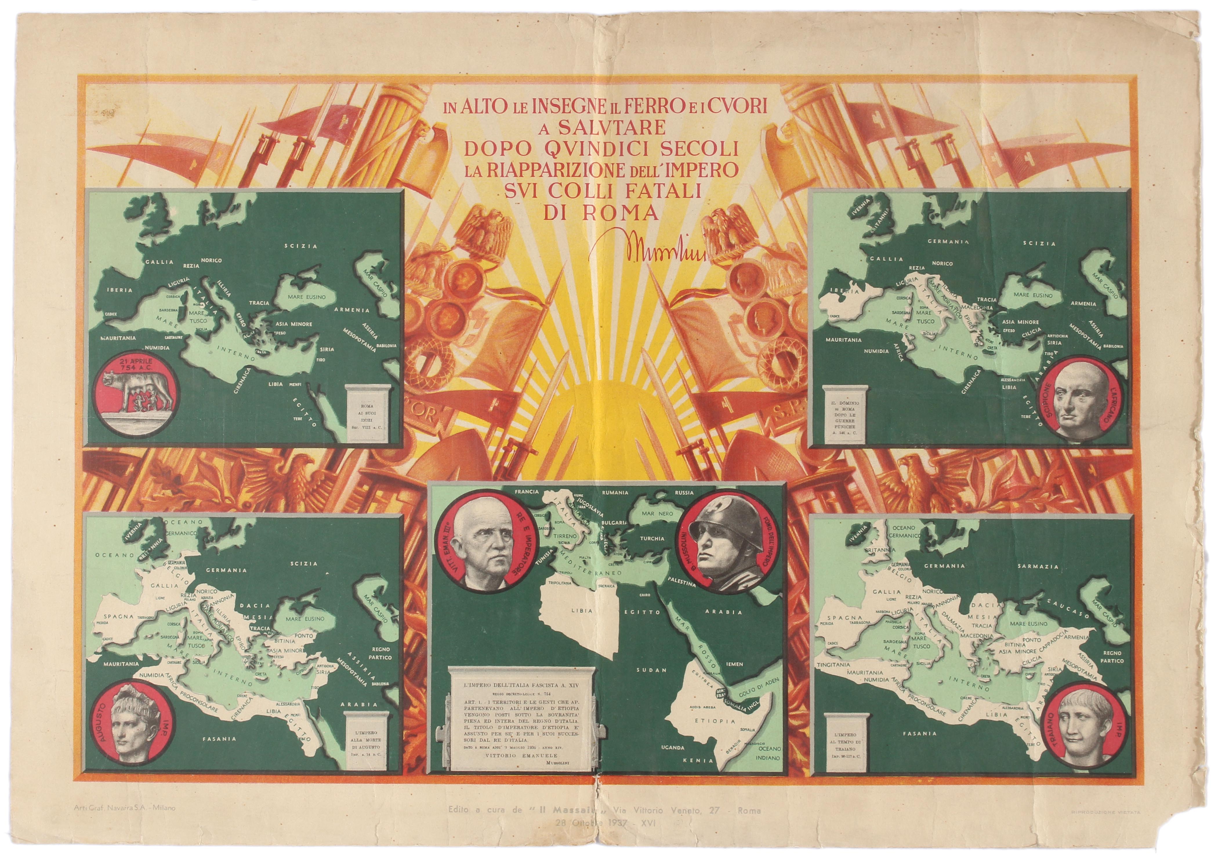 Original vintage Fascist propaganda poster featuring five maps of the