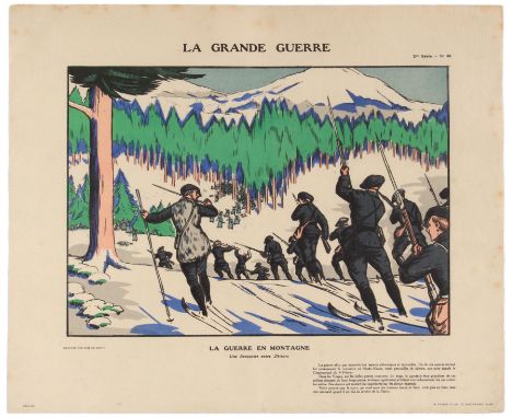 Original vintage WWI propaganda poster: La Grande Guerre - La Guerre en Montagne - Une Rencontre entre Skieurs (Text translat