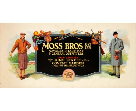 Original vintage sports themed advertising poster for Moss Bros &amp; Co Ltd featuring a great illustration of two well dress