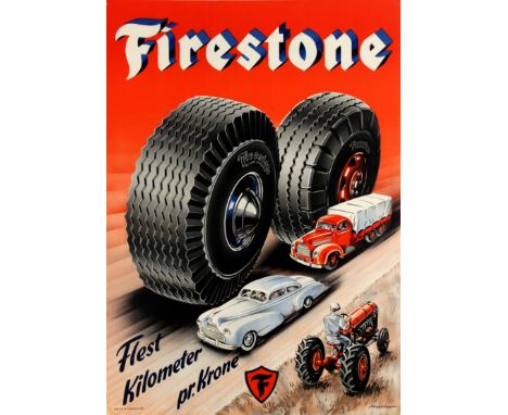 Original vintage advertising poster in Danish for the American tire company Firestone - Most kilometers per Krone. Great desi