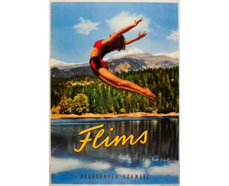 Original vintage travel poster for Flims Graubunden Schweiz featuring a dynamic colourful photo by Jules Geiger (1898-1987) o