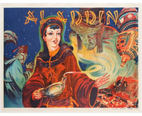 Original vintage advertising poster for the English stage pantomime production of Alladin, featuring a fantastic and colourfu