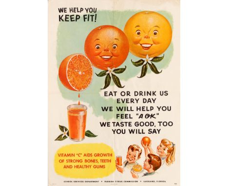 Original vintage American food and drink advertising poster published by the School Services Department and the Florida Citru