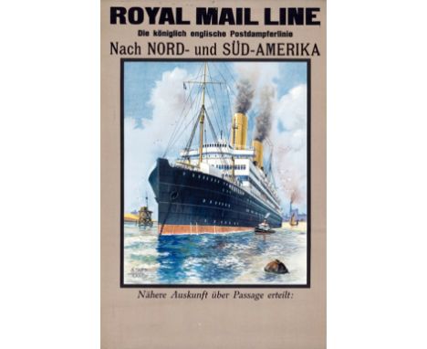 Original vintage Royal Mail Line poster advertising cruises to North and South America featuring an image of a steam ship wit