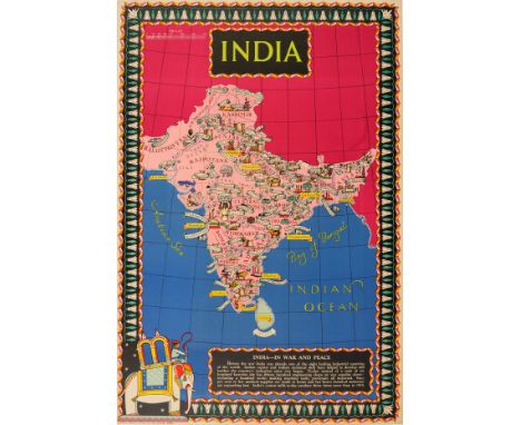 Original vintage World War Two pictorial map for India In War And Peace featuring colourful illustrations of people, animals,