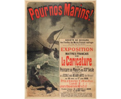 Original vintage propaganda poster by Jules Chéret, for a fund-raising exhibition of works by French masters of 'Caricatures 