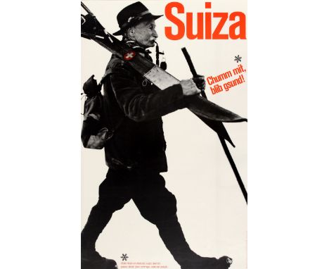 Original vintage winter travel advertising poster in Swiss-German: Switzerland - Chumm mit, blib gsund / Come with me, it's h