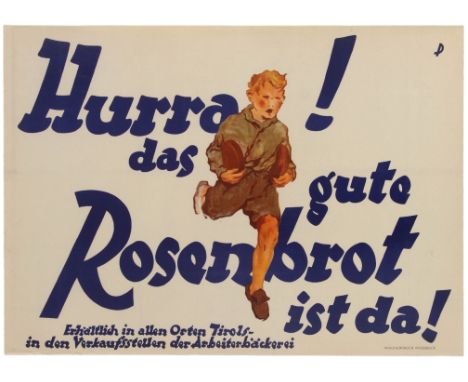 Original vintage advertising poster for Rosenbrot bread: Hooray! The good Rosenbrot is here! Great image showing a young boy 