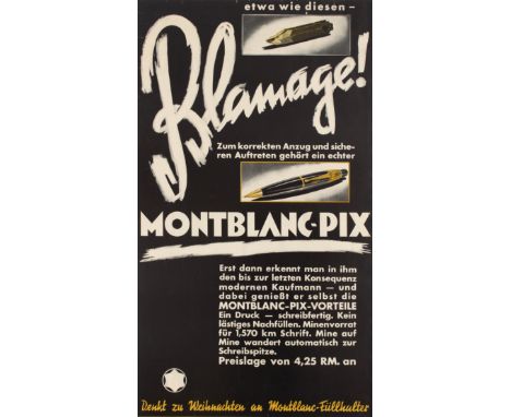 Original vintage advertising poster for Montblanc Pix pens featuring a black and white design with large stylised text - Blam