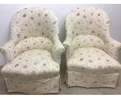 A pair of Victorian bedroom chairs on ceramic castors, newlyupholstered W:75cm x D:88cm x H:97cm