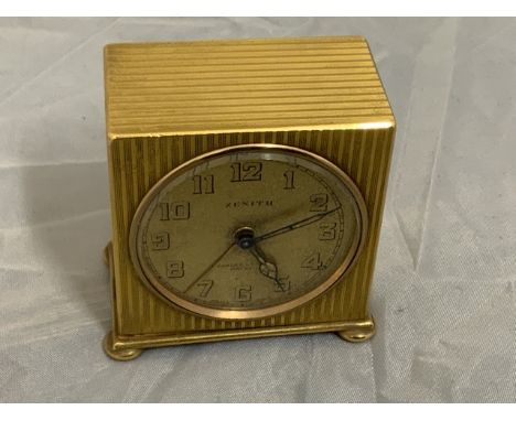 Miniature brass 'Zenith' travel alarm clock, silvered Arabic chapter ring, H6cm 