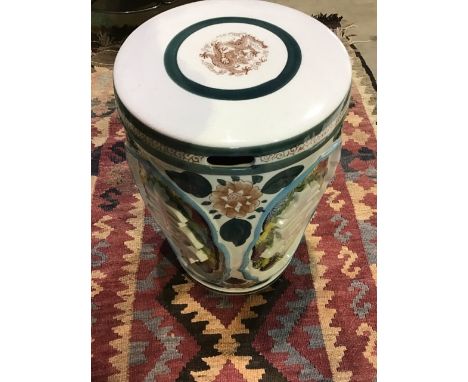 An Oriental style ceramic garden/conservatory drum shaped seat. W:29cm x D:29cm x H:49cm