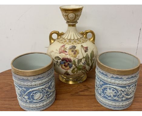 Two silver rimmed Wedgwood mugs and a Royal Worcester vase (all A.F)W:10cm x D:10cm x H:12cmW:15cm x D:15cm x H:22cmW:15cm x 