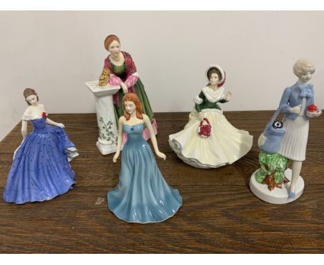 Three Royal Doulton figurines, one royal Worcester lady and a special edition figurine for Tupperware