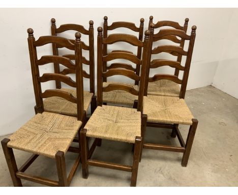 Set of six pine rattan ladder back chairs