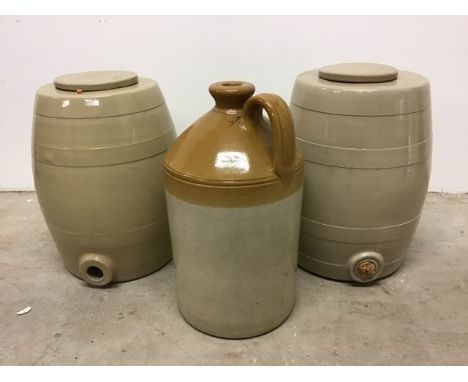 Two ceramic cider barrels together with a large cider flask. Each H:37cm