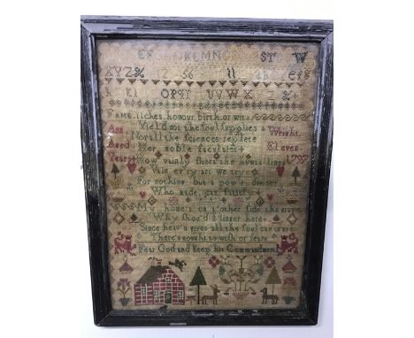 A 18th century needlework panel. Anne Wright aged 11 dated 1797. W:36cm x D:cm x H:46cm