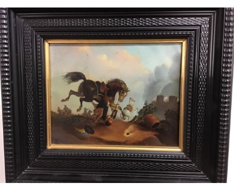 19th century German School. Oil on metal panel. A battle scene. In ebonised style frame. Framed: 27cm x 31cm. 