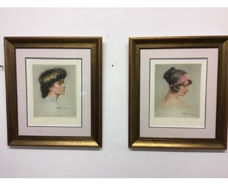 Herman Fenner-Behmer, 1866-1913. Two Intaglio portrait prints 'Roquine and Ninion' with hand embellishments on paper  of fash